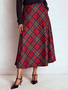 New Boden Haley Wool Blend Stewart Tartan Maxi Skirt Red 10